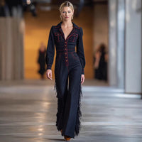 Versatile Long-Sleeve Flared Tassel Jumpsuit