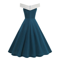 Womens Retro Off-the-Shoulder Sleeveless Contrast-Color Formal Dress
