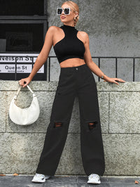 Fashionable Ripped High Waist Wide Leg Casual Jeans