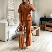 V-neck Loose-fit Short-sleeve Top And Wide-leg Pants Two-piece Set