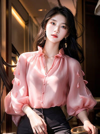 Three-dimensional Petals Solid Color Lantern Sleeve Top Slimming Shirt