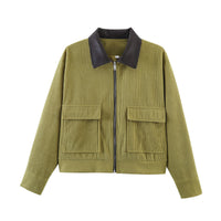 Women's Casual Corduroy Patchwork Leather-Trimmed Jacket Coats