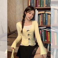 False Two-piece Patchwork Bow Long Sleeve T-shirt Women's Slim Top