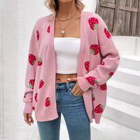 Fashionable Strawberry Jacquard Cardigan Sweater For Women