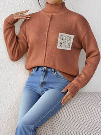 Women's Pure Color Half Collar Sequined Hollow-out Pocket Stitching Sweater
