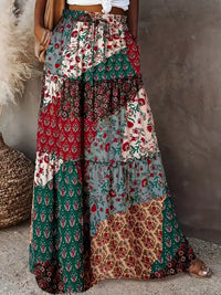 Printed Layered Patchwork Ruffle Gathered Skirt Women