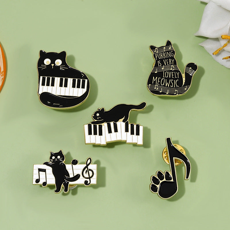 Cute Black Cat Piano Notes Alloy Brooch