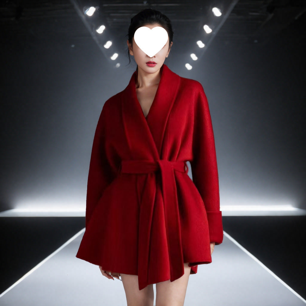 Red Autumn And Winter Bathrobe Style Reversible Cashmere Coat Women