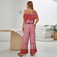Red Print Panel Casual Long Ladies Jumpsuit