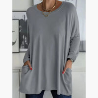 Spring And Summer New Round Neck Long Sleeve Loose Pockets Solid Color