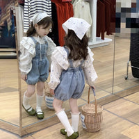Children's Clothing Girls' Denim Brace Shorts Long-sleeved Floral Shirt
