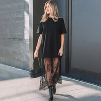 Plus-size Slimming Casual Solid-color Lace-panel Dress