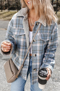 Sky Blue Stripe Sherpa Collar Cuffs Patchwork Plaid Shirt Jacket With Chest Pocket