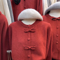 Red Cardigan Chinese Knot Round Neck Bandage Dress Sweater Women's Top
