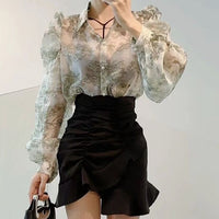Chinese Style Ink Painting Printed Shirt For Women