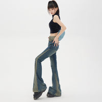 High-waist Design Feeling And Raw Hem Waistband Vintage Flared Trousers
