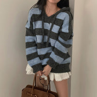 Contrast Color And Versatile Long Sleeve Hooded Striped Sweater Pullover