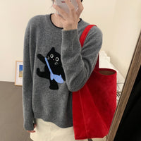Women's All-match Cartoon Cat Round Neck Knitted Sweater