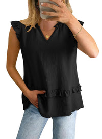 Womens V-Neck Ruffle-Trim Loose Casual Shirt