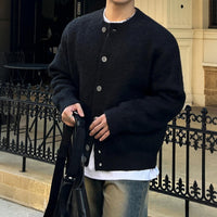Mens Crew-neck Cardigan Sweater Loose-fitting Warm Knitted Outerwear