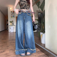 Retro Raw Hem Jeans Women's Loose High Waist Wide Leg Pants