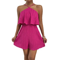 Crinkled Halter Neck Ruffled Jumpsuit Women's One Piece Summer Outfit With Flared Legs And Lightweight Breathable Design