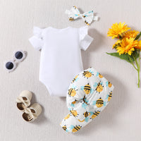 Baby Girl Letter Sunflower Print Bee Full Printed Trousers Three-piece Set