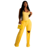 U-collar Jumpsuit Ripped Wide-leg Pants Suit