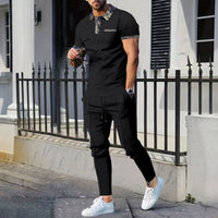Men's Waffle Lapel Color Matching Pocket Short Sleeve Trousers Suit