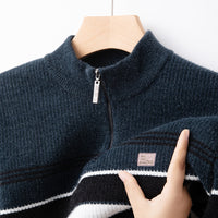 Men's Chenille Half-Zip Fleece- Lined Striped Pullover Sweater