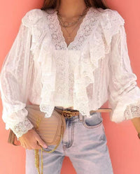 Women's Lace V-neck Patchwork Ruffled Shirt