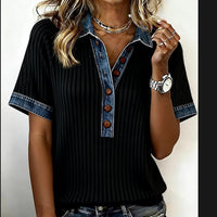 Euro-American Fashionable Trendy Denim-trimmed Loose T-shirt