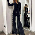 Fashion Velvet Stitching Printing Long Sleeve Wide Leg Jumpsuit