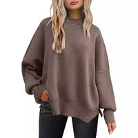 Thick Needle Side Slit Sweater Round Neck Loose Solid Color Batwing Long Sleeve Sweater For Women