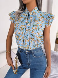 Women's Casual Floral Print Ruffle Trim Tie Bow Chiffon Blouse