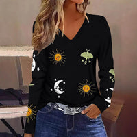 Sun Moon Star Butterfly Graphic Breathable Printed V-neck Long Sleeve T-shirt