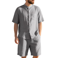 American Linen Suit Men's Summer Two-piece Suit Henry Collar Beach
