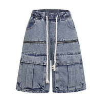 Washed Distressed Multi-pocket Elastic Waist Denim Shorts