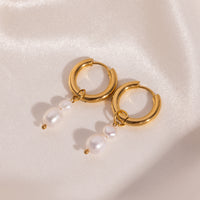 Stylish 18K Gold Stainless Steel Pearl Pendant Earrings