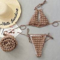 Lace-up Seersucker Three-piece Bikini Women's Swimsuit