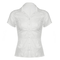 French Style Polo Collar Pleated Design Slim Fit Short Sleeve White Shirt