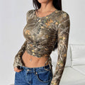 Mesh Branch Printing Side Drawstring Fitted Short T-shirt