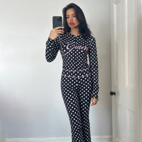 Womens Polka Dot Letter Print Top And Pants Set
