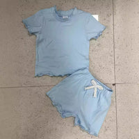 Solid Color Ruffled Short Sleeves Suit