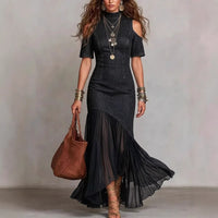 Off-shoulder Short-sleeve Mesh-hem Dress