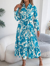 Women's Casual Floral Print Long Sleeve Ruffle Hem Shirt Maxi Dress
