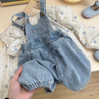 Children's Clothing Girls' Denim Brace Shorts Long-sleeved Floral Shirt