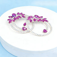 Lightweight Fuchsia Petal Dangle Earrings For Women Elegant Floral Design With Sparkling Clear Crystals, Perfect For Daily Wear