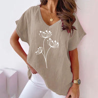 Womens Casual Cotton-Linen Short-Sleeve Batwing T-Shirt With Floral Print And V-Neck