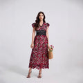 V-neck Lace Puff Sleeve Embroidered Solid Color Dress